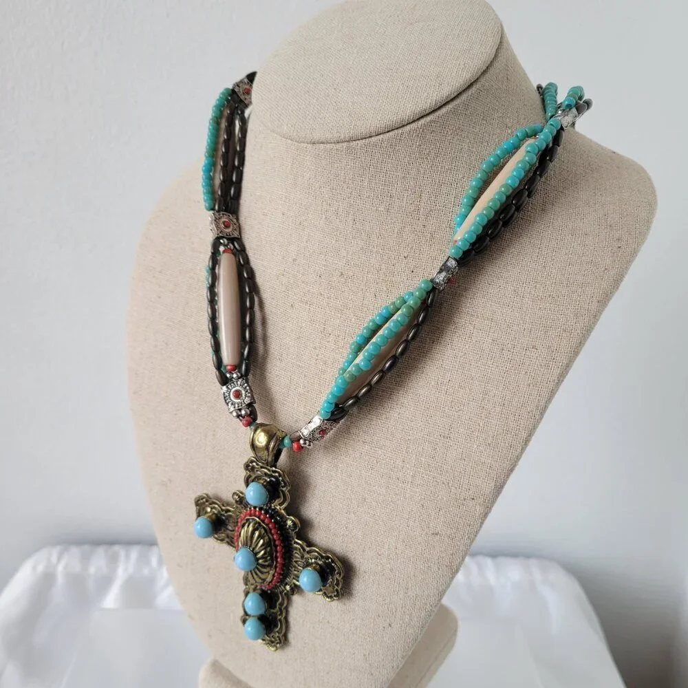 Southwestern-Style Turquoise &Coral color Beaded Cross Necklace